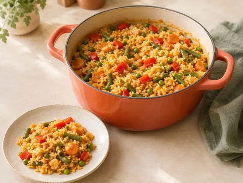 A pot of vegetable rice with a serving on a plate beside it.