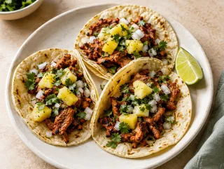 Three pork tacos with pineapple, onion and coriander on a plate.