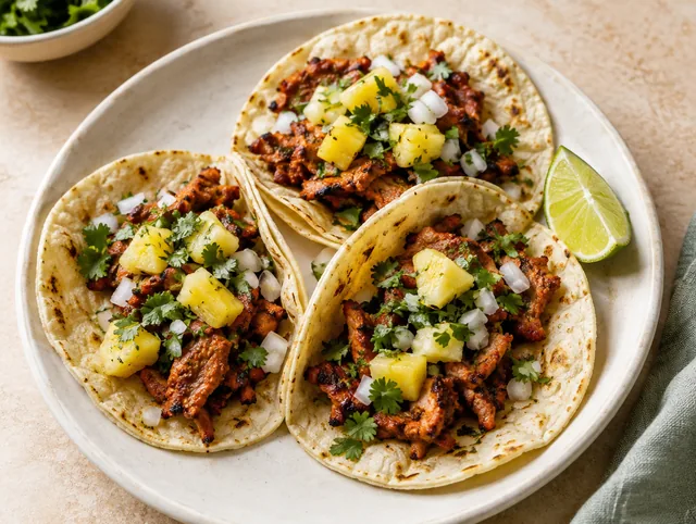 Three pork tacos with pineapple, onion and coriander on a plate.